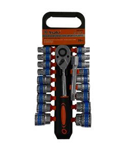 Juego llave ratchet (x1)+dados c/ soporte plast 1/2″(x18)+acc (x1)-20 pzas