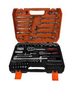 Juego llave ratchet (x1)+dados 1/2″ y 1/4″+acc-estuche-82 pzas